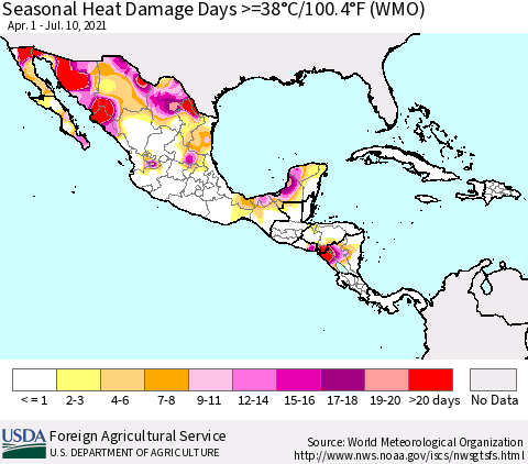 Mexico Central America and the Caribbean Seasonal Heat Damage Days >=38°C/100°F (WMO) Thematic Map For 4/1/2021 - 7/10/2021