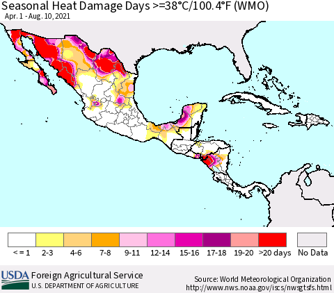 Mexico Central America and the Caribbean Seasonal Heat Damage Days >=38°C/100°F (WMO) Thematic Map For 4/1/2021 - 8/10/2021