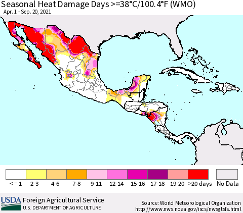 Mexico Central America and the Caribbean Seasonal Heat Damage Days >=38°C/100°F (WMO) Thematic Map For 4/1/2021 - 9/20/2021
