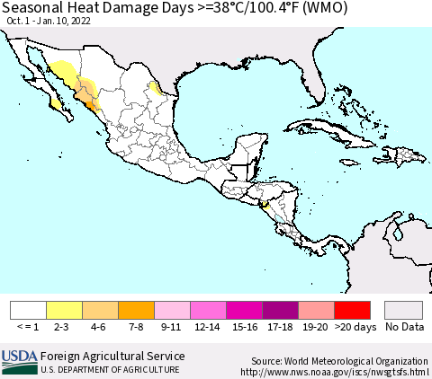 Mexico Central America and the Caribbean Seasonal Heat Damage Days >=38°C/100°F (WMO) Thematic Map For 10/1/2021 - 1/10/2022