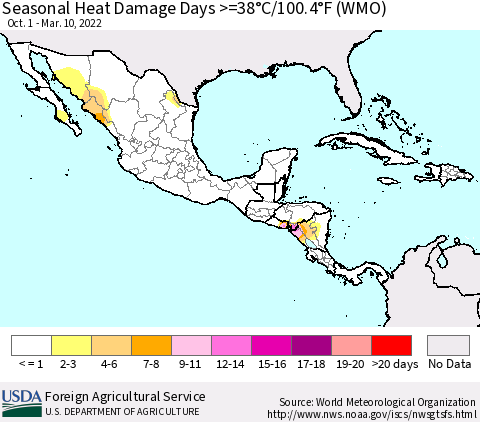 Mexico Central America and the Caribbean Seasonal Heat Damage Days >=38°C/100°F (WMO) Thematic Map For 10/1/2021 - 3/10/2022