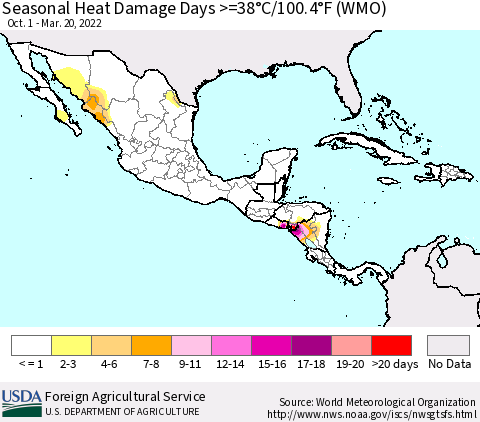 Mexico Central America and the Caribbean Seasonal Heat Damage Days >=38°C/100°F (WMO) Thematic Map For 10/1/2021 - 3/20/2022