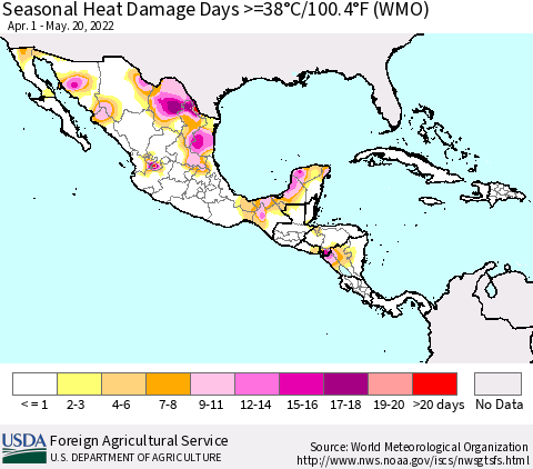 Mexico Central America and the Caribbean Seasonal Heat Damage Days >=38°C/100°F (WMO) Thematic Map For 4/1/2022 - 5/20/2022