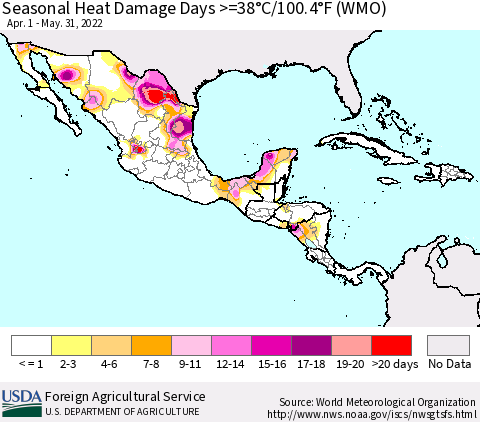 Mexico Central America and the Caribbean Seasonal Heat Damage Days >=38°C/100°F (WMO) Thematic Map For 4/1/2022 - 5/31/2022