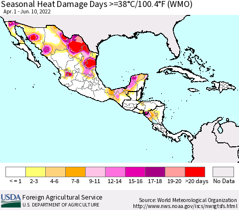 Mexico Central America and the Caribbean Seasonal Heat Damage Days >=38°C/100°F (WMO) Thematic Map For 4/1/2022 - 6/10/2022