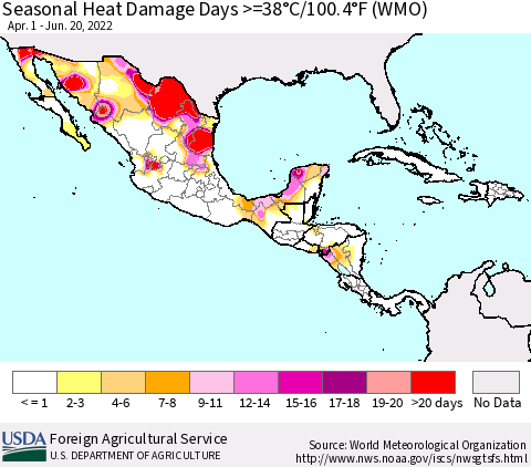 Mexico Central America and the Caribbean Seasonal Heat Damage Days >=38°C/100°F (WMO) Thematic Map For 4/1/2022 - 6/20/2022
