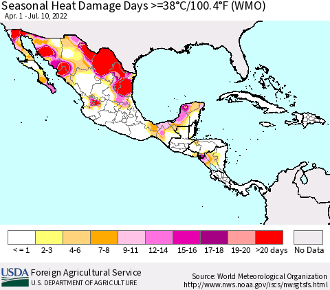 Mexico Central America and the Caribbean Seasonal Heat Damage Days >=38°C/100°F (WMO) Thematic Map For 4/1/2022 - 7/10/2022