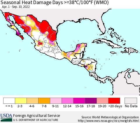 Mexico Central America and the Caribbean Seasonal Heat Damage Days >=38°C/100°F (WMO) Thematic Map For 4/1/2022 - 9/10/2022