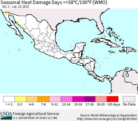 Mexico Central America and the Caribbean Seasonal Heat Damage Days >=38°C/100°F (WMO) Thematic Map For 10/1/2022 - 1/10/2023