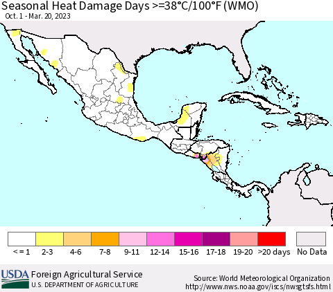 Mexico Central America and the Caribbean Seasonal Heat Damage Days >=38°C/100°F (WMO) Thematic Map For 10/1/2022 - 3/20/2023