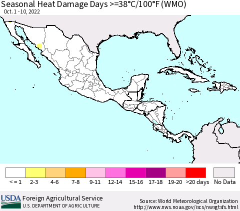 Mexico Central America and the Caribbean Seasonal Heat Damage Days >=38°C/100°F (WMO) Thematic Map For 10/1/2022 - 10/10/2022