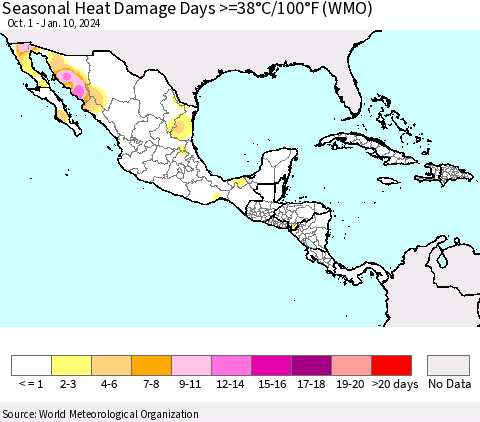Mexico Central America and the Caribbean Seasonal Heat Damage Days >=38°C/100°F (WMO) Thematic Map For 10/1/2023 - 1/10/2024