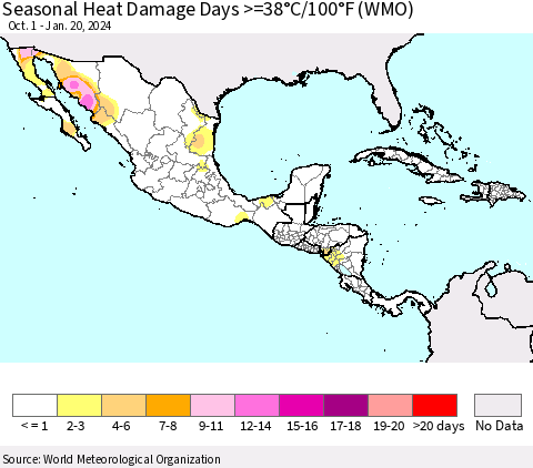 Mexico Central America and the Caribbean Seasonal Heat Damage Days >=38°C/100°F (WMO) Thematic Map For 10/1/2023 - 1/20/2024