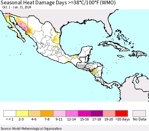 Mexico Central America and the Caribbean Seasonal Heat Damage Days >=38°C/100°F (WMO) Thematic Map For 10/1/2023 - 1/31/2024
