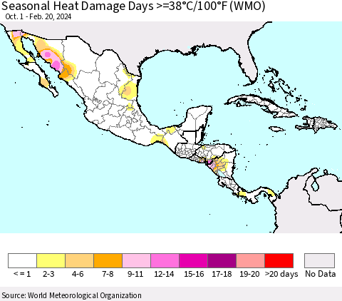 Mexico Central America and the Caribbean Seasonal Heat Damage Days >=38°C/100°F (WMO) Thematic Map For 10/1/2023 - 2/20/2024