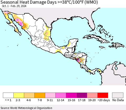 Mexico Central America and the Caribbean Seasonal Heat Damage Days >=38°C/100°F (WMO) Thematic Map For 10/1/2023 - 2/29/2024