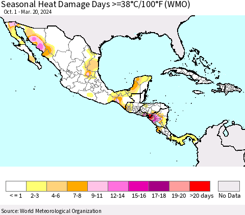 Mexico Central America and the Caribbean Seasonal Heat Damage Days >=38°C/100°F (WMO) Thematic Map For 10/1/2023 - 3/20/2024