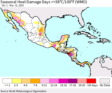Mexico Central America and the Caribbean Seasonal Heat Damage Days >=38°C/100°F (WMO) Thematic Map For 10/1/2023 - 3/31/2024