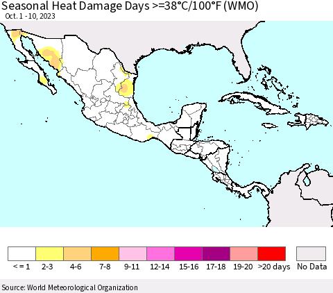 Mexico Central America and the Caribbean Seasonal Heat Damage Days >=38°C/100°F (WMO) Thematic Map For 10/1/2023 - 10/10/2023
