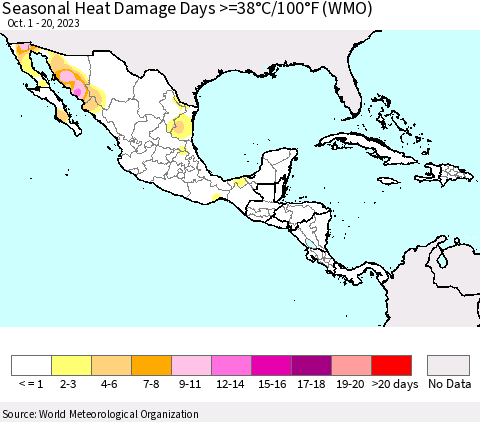 Mexico Central America and the Caribbean Seasonal Heat Damage Days >=38°C/100°F (WMO) Thematic Map For 10/1/2023 - 10/20/2023