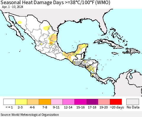 Mexico Central America and the Caribbean Seasonal Heat Damage Days >=38°C/100°F (WMO) Thematic Map For 4/1/2024 - 4/10/2024