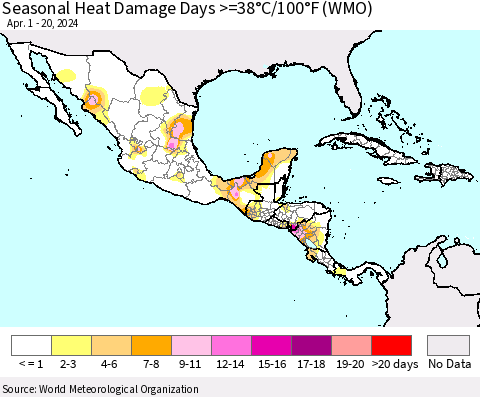 Mexico Central America and the Caribbean Seasonal Heat Damage Days >=38°C/100°F (WMO) Thematic Map For 4/1/2024 - 4/20/2024