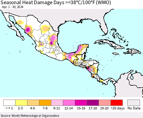 Mexico Central America and the Caribbean Seasonal Heat Damage Days >=38°C/100°F (WMO) Thematic Map For 4/1/2024 - 4/30/2024