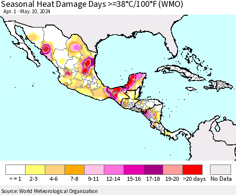 Mexico Central America and the Caribbean Seasonal Heat Damage Days >=38°C/100°F (WMO) Thematic Map For 4/1/2024 - 5/10/2024