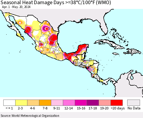 Mexico Central America and the Caribbean Seasonal Heat Damage Days >=38°C/100°F (WMO) Thematic Map For 4/1/2024 - 5/20/2024