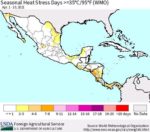 Mexico Central America and the Caribbean Seasonal Heat Stress Days >=35°C/95°F (WMO) Thematic Map For 4/1/2021 - 4/10/2021