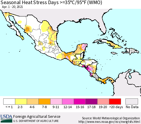 Mexico Central America and the Caribbean Seasonal Heat Stress Days >=35°C/95°F (WMO) Thematic Map For 4/1/2021 - 4/20/2021