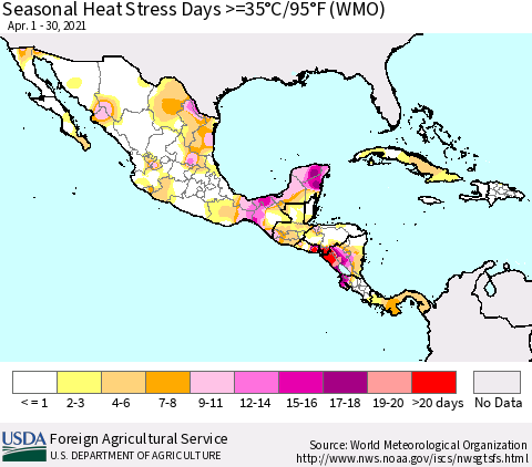 Mexico Central America and the Caribbean Seasonal Heat Stress Days >=35°C/95°F (WMO) Thematic Map For 4/1/2021 - 4/30/2021