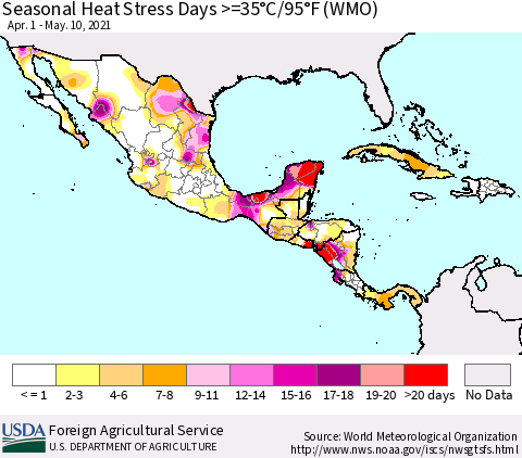 Mexico Central America and the Caribbean Seasonal Heat Stress Days >=35°C/95°F (WMO) Thematic Map For 4/1/2021 - 5/10/2021