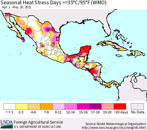 Mexico Central America and the Caribbean Seasonal Heat Stress Days >=35°C/95°F (WMO) Thematic Map For 4/1/2021 - 5/20/2021