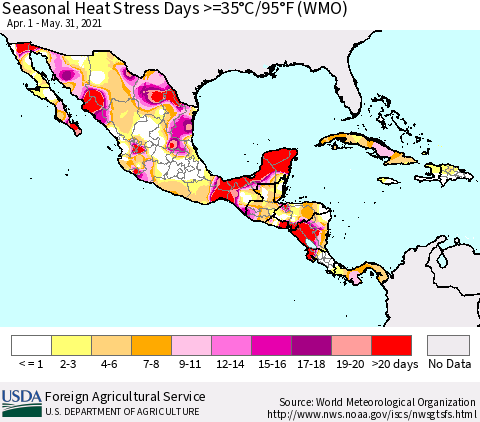 Mexico Central America and the Caribbean Seasonal Heat Stress Days >=35°C/95°F (WMO) Thematic Map For 4/1/2021 - 5/31/2021