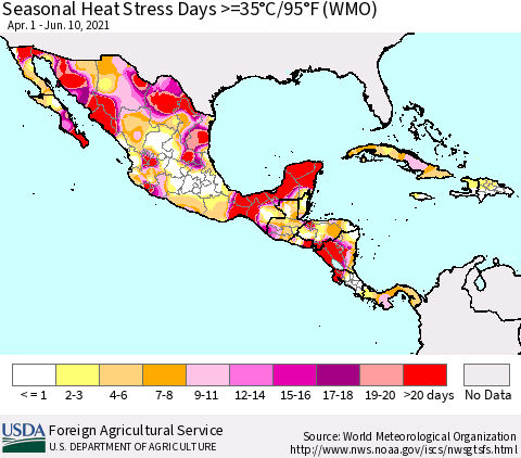 Mexico Central America and the Caribbean Seasonal Heat Stress Days >=35°C/95°F (WMO) Thematic Map For 4/1/2021 - 6/10/2021