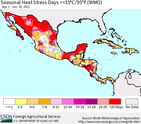 Mexico Central America and the Caribbean Seasonal Heat Stress Days >=35°C/95°F (WMO) Thematic Map For 4/1/2021 - 6/30/2021