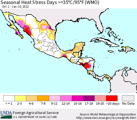 Mexico Central America and the Caribbean Seasonal Heat Stress Days >=35°C/95°F (WMO) Thematic Map For 10/1/2021 - 1/10/2022