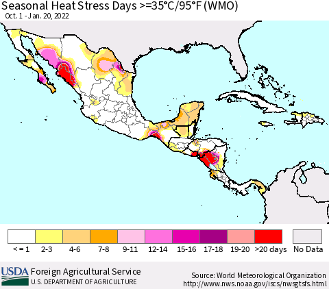 Mexico Central America and the Caribbean Seasonal Heat Stress Days >=35°C/95°F (WMO) Thematic Map For 10/1/2021 - 1/20/2022