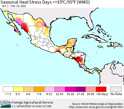 Mexico Central America and the Caribbean Seasonal Heat Stress Days >=35°C/95°F (WMO) Thematic Map For 10/1/2021 - 2/10/2022