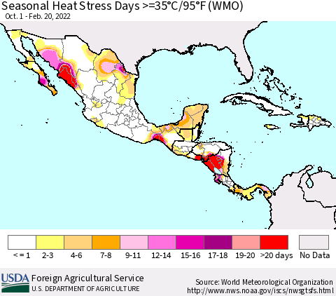 Mexico Central America and the Caribbean Seasonal Heat Stress Days >=35°C/95°F (WMO) Thematic Map For 10/1/2021 - 2/20/2022
