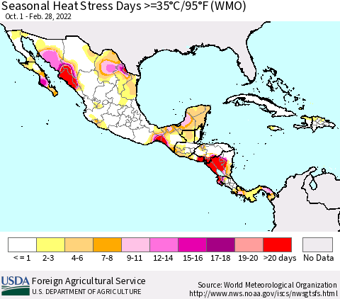 Mexico Central America and the Caribbean Seasonal Heat Stress Days >=35°C/95°F (WMO) Thematic Map For 10/1/2021 - 2/28/2022