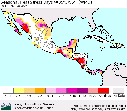 Mexico Central America and the Caribbean Seasonal Heat Stress Days >=35°C/95°F (WMO) Thematic Map For 10/1/2021 - 3/20/2022