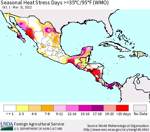 Mexico Central America and the Caribbean Seasonal Heat Stress Days >=35°C/95°F (WMO) Thematic Map For 10/1/2021 - 3/31/2022