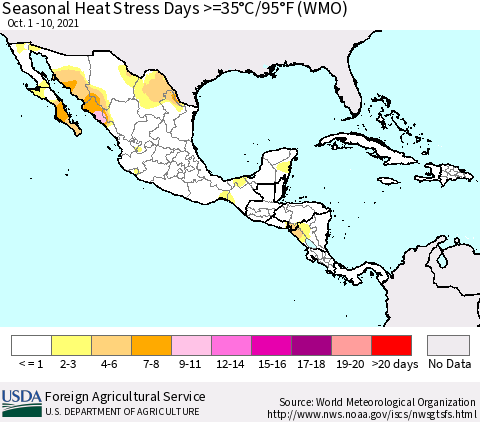 Mexico Central America and the Caribbean Seasonal Heat Stress Days >=35°C/95°F (WMO) Thematic Map For 10/1/2021 - 10/10/2021