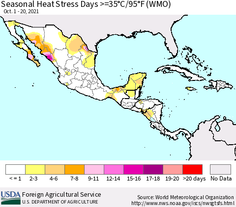 Mexico Central America and the Caribbean Seasonal Heat Stress Days >=35°C/95°F (WMO) Thematic Map For 10/1/2021 - 10/20/2021