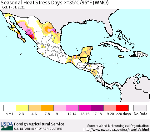 Mexico Central America and the Caribbean Seasonal Heat Stress Days >=35°C/95°F (WMO) Thematic Map For 10/1/2021 - 10/31/2021