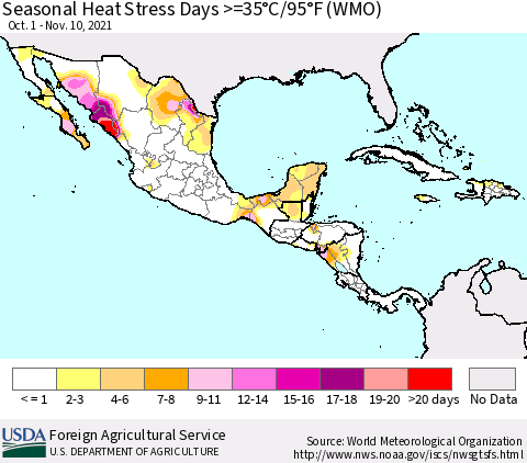 Mexico Central America and the Caribbean Seasonal Heat Stress Days >=35°C/95°F (WMO) Thematic Map For 10/1/2021 - 11/10/2021