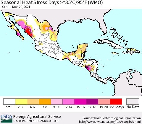 Mexico Central America and the Caribbean Seasonal Heat Stress Days >=35°C/95°F (WMO) Thematic Map For 10/1/2021 - 11/20/2021
