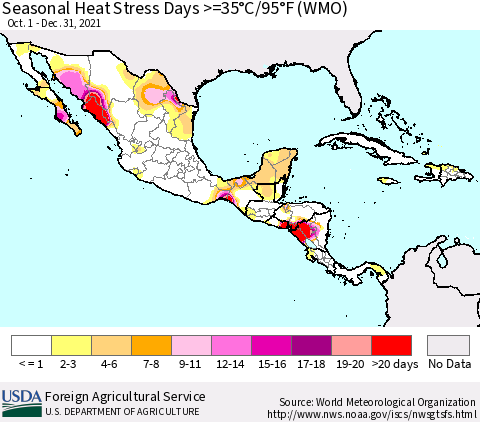Mexico Central America and the Caribbean Seasonal Heat Stress Days >=35°C/95°F (WMO) Thematic Map For 10/1/2021 - 12/31/2021
